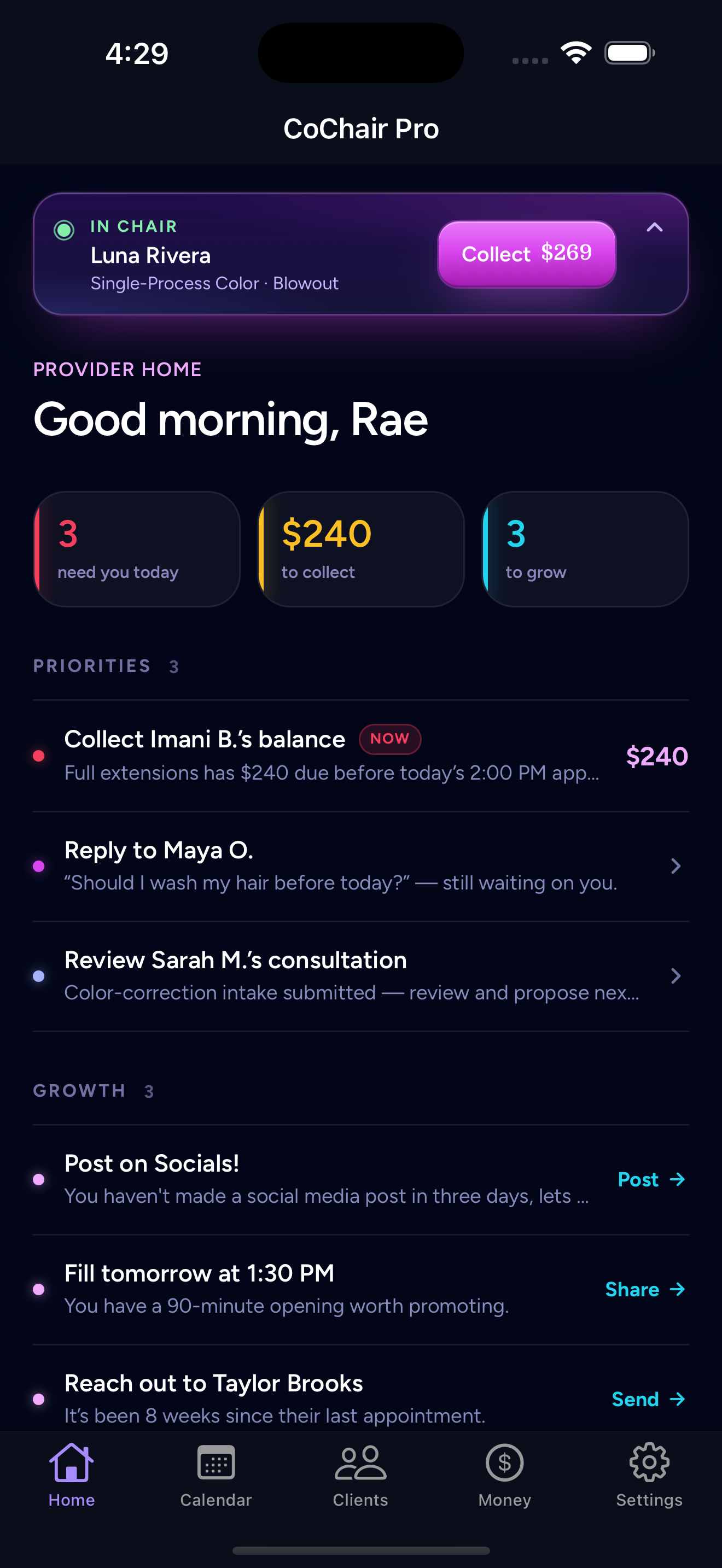 The StationFlow provider home screen — priorities and growth for the day